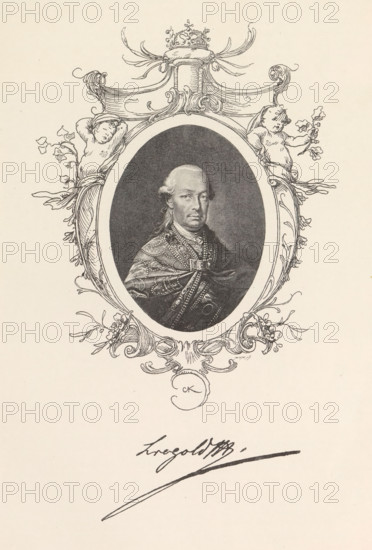 Photo reproduction of a drawing, depicting a portrait of Emperor Leopold II, reproduction, page, photomechanical print, inscription: 'Leopold...', cliché maker: Carl Bellmann, Prague, after drawing by anonymous, c. 1888 - in or before 1893, photographer, paper, autotype, height 104 mm x width 80 mm, Person, Leopold II (Emperor of Austria), emperor, An oval portrait of a man with powdered hair and a cloak decorated with ornate patterns is centered within an elaborate decorative frame featuring floral scrollwork, two reclining cherub-like figures on either side holding branches, and a crown-like ornament at the top; the portrait area has a dark textured background while the surrounding frame is rendered in fine linework on a light paper, and below the frame there is a sweeping inked flourish.