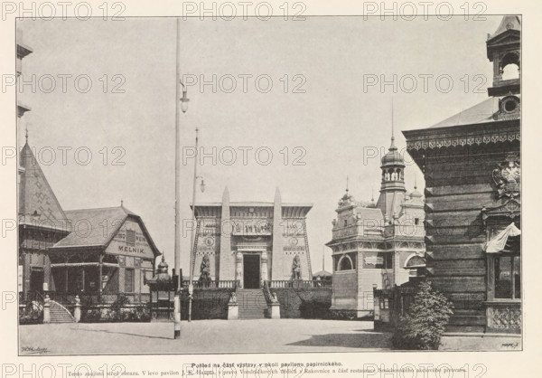 Pohled a cást výstavy v okoli pavilonu papirnického, Buildings on the Výstavište in Prague, page, photomechanical print, Výstavište, cliché maker: Carl Bellmann, Prague, c. 1888 - in or before 1893, photographer, paper, autotypie, height 180 mm x width 262 mm, temporary exhibition, 'Salon', façade (of house or building), A wide scene of architectural facades showing an entrance with broad steps leading up to a rectangular building flanked by tall vertical decorative pillars, detailed sculptural reliefs above the doorway, and statues positioned near the entrance; to the left a pitched-roof pavilion with ornate wooden trim, patterned roof tiles, and a covered porch supported by carved posts; to the right a multi-tiered building with domed towers, arched openings, balustrades, and ornate cornices, and an adjacent structure with heavy horizontal banding and decorative carvings near its corner; tall slender lamp posts rise in front of the central building, and small ornamental posts and low...