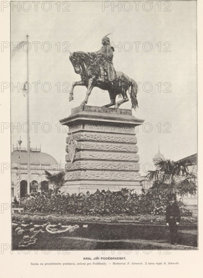 Equestrian statue of King George of Podiebrad in Prague, Král Jiri Podebradsky, page, photomechanical print, Prague, cliché maker: Carl Bellmann, c. 1888 - in or before 1893, photographer, paper, autotypie, height 253 mm x width 190 mm, Person, George of Podiebrad (king of Bohemia), equestrian statue, A large equestrian statue atop a tall, layered stone pedestal stands in the center of a landscaped area with flowerbeds and trimmed bushes; the bronze rider wears a flowing cloak and a helmet with a plume and holds the reins while the horse is captured mid-stride with one foreleg raised and a decorated tail, and the pedestal features carved ornamental bands and a sculpted emblem on its corner; a tall pole with a lamp rises to the left near a classical building with arched windows and a domed roof, while to the right palm-like plants and a dome of another structure are visible, and a uniformed figure stands near the lower right edge of the image.