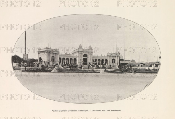 Pavilon spojených spolecnosti zelezarských.- Dle návrhu arch. Edv. Frauenfelda, Exterior of a pavilion for the iron industry in Prague, page, photomechanical print, Prague, cliché maker: Carl Bellmann, c. 1888 - in or before 1893, photographer, paper, autotypie, height 162 mm x width 262 mm, facade (of house or building), An oval-framed black-and-white photograph shows a wide neoclassical pavilion with a central arched entrance flanked by colonnaded wings and decorative roof sculptures, set behind a formal forecourt with low stone balustrades and planted beds; a paved open area fills the foreground, with several small statues, urns, and trimmed shrubs arranged near the entrance and along walkways; flagpoles rise behind the building and small ancillary structures and trees appear at the edges of the scene; a tall vertical post with a mounted rectangular board stands at one side of the forecourt, and a few human figures are visible on the steps and near the pavilion.