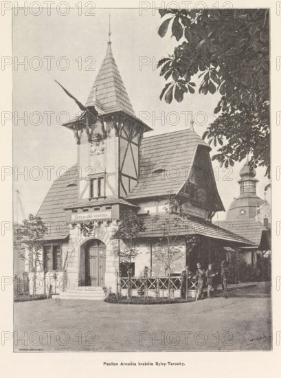 Portrait of Frantisek Prásil, Frant. Prásil, page, photomechanical print, cliché maker: Carl Bellmann, Prague, c. 1888 - in or before 1893, photographer, paper, autotypie, height 99 mm x width 79 mm, adult man, A tall decorative building with steep shingled roofs and a pointed tower occupies the center, featuring exposed timber framing on its upper facade, ornate carved stone around an arched doorway, and a small balcony area; leafy tree branches frame the upper right corner and cast shadows over part of the roof; a simple fenced area with young trees and shrubs sits in front, and a group of men in period clothing and hats stand near the entrance and along the path; another rounded domed tower is visible behind the main structure to the right.
