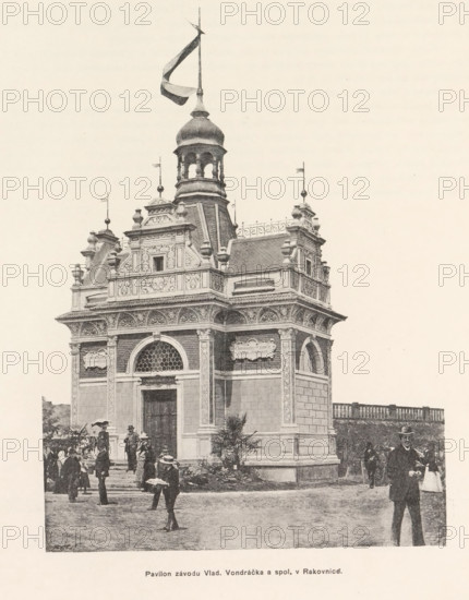 Pavilon zavodu Vlad. Vondracka a spol. v Rakovnice, Pavilion on the Výstavište in Prague, page, photomechanical print, Výstavište, cliché maker: Carl Bellmann, Prague, c. 1888 - in or before 1893, photographer, paper, autotypie, height 222 mm x width 164 mm, temporary exhibition, 'Salon', façade (of house or building), A tall ornate pavilion with a domed cupola topped by a flag and multiple finials stands on a raised base with decorative panels and arched openings, intricate carved ornamentation along the cornices and around windows, and a central doorway beneath a patterned semicircular grille; people in period clothing, some wearing hats and one holding an umbrella, are gathered and walking in front of the building, a man in the foreground reads a paper, a low balustrade runs to the right of the pavilion, and small plants flank the entrance.