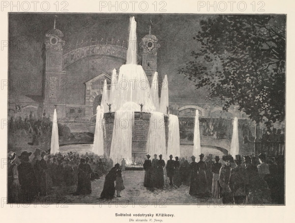 Svetelne vodotrysky Krizikovy, Photo reproduction of a drawing depicting illuminated fountains on the Výstavište in Prague, reproduction, page, photomechanical print, Výstavište, cliché maker: Carl Bellmann, Prague, after drawing by anonymous, c. 1888 - in or before 1893, photographer, paper, autotypie, height 177 mm x width 253 mm, ornamental fountain, A large illuminated fountain with multiple vertical jets and cascading tiers stands in the center of a crowded nighttime scene, bright water contrasting against a dark sky and silhouetted onlookers gathered around its circular basin; behind the fountain an ornate building facade with arched openings and decorative towers is partially visible, and leafy tree branches extend into the upper right portion of the image.