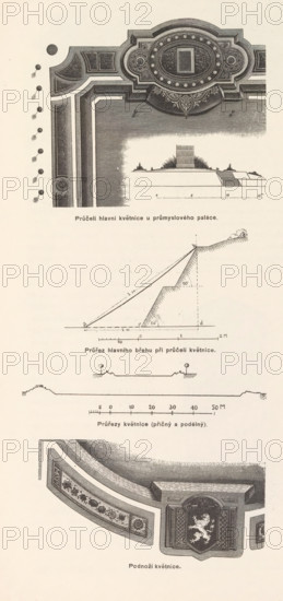 Facade of the Industrial Palace on the Výstavište in Prague, Pohled na kvetnici pred prumyslovým palácem, page, photomechanical print, Výstavište, cliché maker: Carl Bellmann, Prague, c. 1888 - in or before 1893, photographer, paper, autotypie, height 140 mm x width 190 mm, temporary exhibition, 'Salon', façade (of house or building), The image shows a series of technical drawings and decorative designs arranged vertically on a lightly textured background. At the top left is an ornate architectural corner with layered moldings and a central oval medallion featuring a rectangular inset and a ring of small star-like shapes, surrounded by floral scrollwork; a row of circular button-like elements runs down the left edge. Below and slightly right is a small landscape sketch with a low raised platform, grasses, and a stepped element on a flat base. Further down there is a diagonal sectional diagram of a sloped terrain with stepped faces, dashed vertical and horizontal guides, and a pair of l...