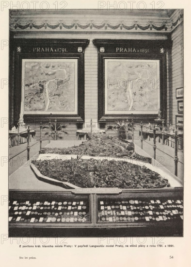 Z pavilonu král. hlavniho mesta Prahy: V popredí Langweiluv model Prahy, na stene plány z roku 1791. a 1891, Model of Prague and two maps of the city in the royal pavilion in Prague, page, photomechanical print, Prague, cliché maker: Carl Bellmann, c. 1891 - in or before 1895, photographer, paper, autotypie, height 246 mm x width 190 mm, prospect of city, town panorama, silhouette of city, maps, atlases, interior, representation of a building, A black and white photograph of an interior exhibition room showing a large detailed scale model of a city on a central raised table, surrounded by low railings and small posts, with framed maps or plans mounted on the wall behind the model and decorative molding along the top of the wall, flanked by display cases and small pedestals holding objects and plants, and a foreground display case full of many round and rectangular items.