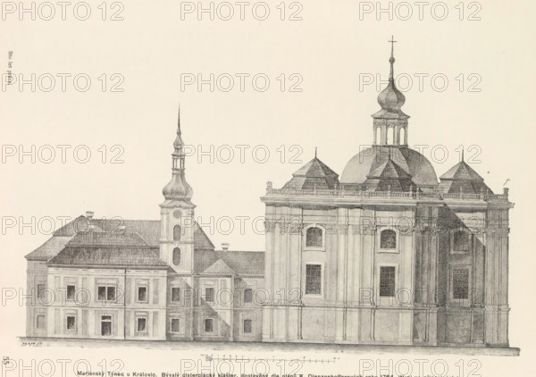 Marianský Týnec u Královic. Bývalý cisterciácky klaster, dostafý dle planu K. Dienzenhofferových roku 1764. (Ny ni ve zriceninách), Photo reproduction of a drawing depicting an exterior of the Mariánská Týnice, reproduction, page, photomechanical print, Prague, cliché maker: Carl Bellmann, after drawing by anonymous, c. 1891 - in or before 1895, photographer, paper, autotypie, height 170 mm x width 262 mm, abbey, monastery, convent, Roman Catholic church, Bohemia, Mariánská Týnice, A detailed pencil drawing of a large classical building complex showing a multi-story structure with rows of rectangular windows and a tiled roof on the left, a slender tower with an ornate spire rising from the left-center, and a massive domed section on the right topped by a bulbous cupola and a cross, with decorative cornices, pilasters, arched window openings, and patterned window grilles visible on the facade.
