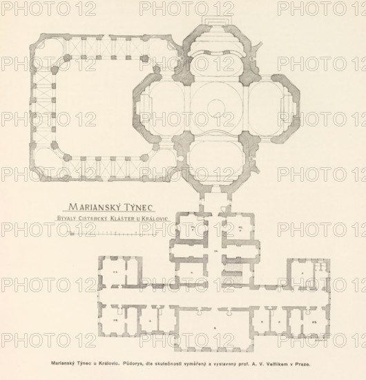 Marianský Týnec u Královic. Bývalý cisterciácky klaster, dostafý podle planu K. Dienzenhofferových (Ny ni ve zriceninách), Photo reproduction of a drawing depicting an exterior of the Mariánská Týnice, reproduction, page, photomechanical print, Prague, cliché maker: Carl Bellmann, after drawing by anonymous, c. 1891 - in or before 1895, photographer, paper, autotypie, height 181 mm x width 205 mm, abbey, monastery, convent, Roman Catholic church, Bohemia, Mariánská Týnice, A detailed architectural floor plan drawn in light sepia tones showing an orthogonal layout with thick shaded wall outlines and interior room divisions, featuring a large rectangular courtyard area bordered by colonnade-like passages on one side and a complex cruciform section with rounded chambers and oval central spaces on the other, stair symbols and small circular features at several junctions, numerous rectangular and square rooms arranged symmetrically below the main plan, and fine hatching used to indicate wal...