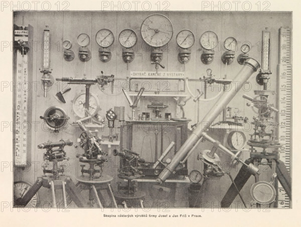 Skupina nekterých výrobku firmy Josef a Jan Fric v Praze, Telescopes and meters of Josef and Jan Fric in Prague, page, photomechanical print, Prague, cliché maker: Carl Bellmann, c. 1891 - in or before 1895, photographer, paper, autotype, height 180 mm x width 253 mm, telescope, A sepia-toned photograph of a wall filled with scientific instruments and gauges, featuring a row of round dials mounted near the top, vertical glass tube meters on either side, and a large angled telescope-like tube crossing the foreground; below the dials and meters are various metal stands, precision adjustment mechanisms, circular pressure gauges, and articulated arms, all arranged with clamps, knobs, and graduated faces, with several tripod-mounted devices and flat-topped cabinets visible toward the center and lower area.