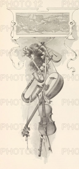 Photo reproduction of a drawing, depicting musical instruments, reproduction, page, photomechanical print, Prague, cliché maker: Carl Bellmann, after drawing by anonymous, c. 1891 - in or before 1895, photographer, paper, autotypie, height 257 mm x width 120 mm, musical instruments, group of musical instruments, A vertical grayscale illustration shows an ornate rectangular frame at the top containing a pattern of overlapping rounded leaves and winding stems, with decorative ribbon-like scrolls extending down on each side. Below the frame a cluster of musical instruments hangs suspended: a violin with visible strings and tuning pegs, a bowed instrument with a rounded body, a wind instrument with a curved tube and bell, a second stringed instrument with a neck and headstock, and a pair of wooden flutes. Ribbons and cords tie the instruments together, and a tuft of fur or a feathered tassel is visible among the arrangement. The background is a soft wash of shaded tones.