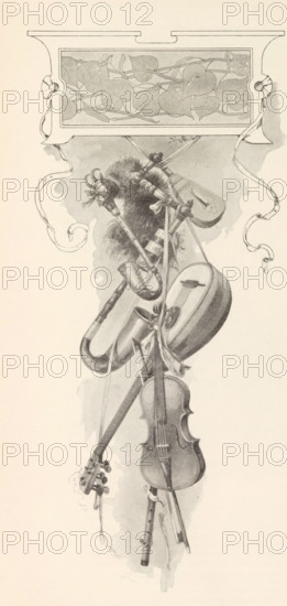 Altoviola, Viola d'amour, Housle, Three violins, page, photomechanical print, Prague, cliché maker: Carl Bellmann, c. 1891 - in or before 1895, Carl Bellmann, photographer, cliché maker, paper, autotypie, height 390 mm x width 290 mm, violin, fiddle, A vertical grayscale illustration showing a decorative rectangular panel at the top with a border and an internal floral vine pattern, flanked by ribbon-like scrolls that descend along both sides. Below the panel a cluster of musical instruments hangs together: a violin with visible strings and f-holes, a bowed instrument body, a lute-like rounded body, a tuba or horn with a curved bell, and flutes or recorders tied with ribbons. Ropes or cords secure the ensemble, and a furry tassel or plume is attached among the instruments. The background is a pale wash with soft shading around the objects.
