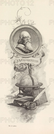 Photo reproduction of a drawing, depicting a portrait of Jan Amos Comenius above a globe and books, reproduction, page, photomechanical print, Prague, cliché maker: Carl Bellmann, c. 1891 - in or before 1895, photographer, after drawing by, paper, autotypie, height 263 mm x width 112 mm, Person, Jan Amos Comenius, globe, book, writer, poet, author, A vertical monochrome illustration showing an oval framed portrait of an elderly man with long hair and a flowing beard, surrounded by decorative leaves and curling vines, below which a ribbon wraps around a staff rising from a tabletop scene that includes a spherical globe on a stand, stacked books, a quill resting in an inkwell, and scattered papers, all rendered in detailed pencil or ink shading.