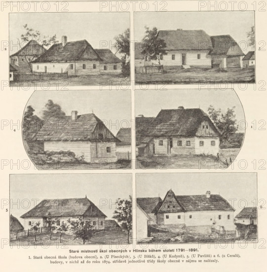 Staré mistnosti skol obecných v Hlinsku behem stoleti 1791-1891, Six photo reproductions of paintings, representing the exteriors of school buildings in Hlinsko, reproduction, page, photomechanical print, Prague, cliché maker: Carl Bellmann, after painting by anonymous, c. 1891 - in or before 1895, photographer, paper, autotype, height 390 mm x width 290 mm, Prints on page 524., elementary school, class, form, façade (of house or building), A vertically oriented page shows a grid of rectangular and rounded-corner grayscale vignettes depicting simple rural buildings with pitched thatched or shingled roofs, small windows, doors, fences, trees, and patches of ground; the top row contains two side-by-side rectangular scenes of houses with chimneys, a small fenced yard, and scattered trees, the middle row presents two rounded-corner scenes of similar cottages with visible roof textures and surrounding foliage, and the lower row displays two rectangular scenes of larger multi-windowed buildi...