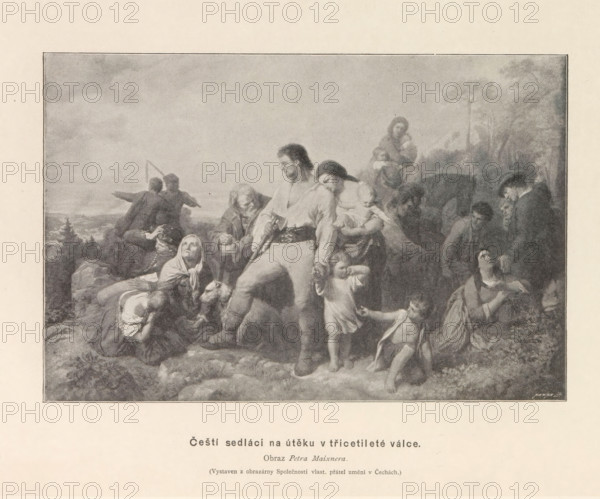 Photo reproduction of a painting depicting Bohemian peasants fleeing the Thirty Years' War, Cesti sedláci na úteku v tricetileté válce, reproduction, page, photomechanical print, Prague, cliché maker: Carl Bellmann, after painting by Petr Maixner, c. 1891 - in or before 1895, Carl Bellmann, Petr Maixner, photographer, cliché maker, after painting by, paper, autotypie, height 106 mm x width 110 mm, farmers, consequences of war, A grayscale illustration framed within a rectangular border shows a group of people gathered on rocky ground with a distant landscape and cloudy sky behind them. In the foreground a man stands wearing loose clothing and a wide belt, holding a small child by the hand while a woman beside him cradles another child and leans on his arm. Around them are seated and kneeling figures including an older woman with a headscarf looking upward, a child reaching toward the standing man, and other adults and children in varied poses of rest or attention. To the left two figur...