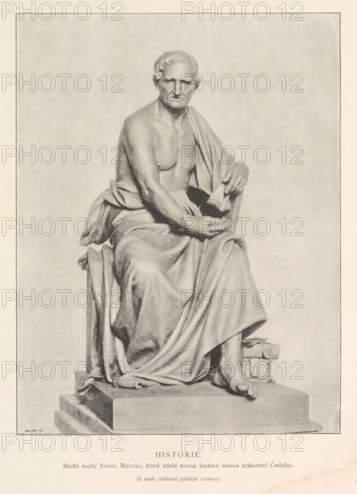 History, Sculpture, depicting a personification of history, page, photomechanical print, Prague, cliché maker: Carl Bellmann, c. 1891 - in or before 1895, photographer, paper, autotypie, height 244 mm x width 189 mm, A grayscale image of a seated marble statue of an elderly man draped in flowing robes, shown against a plain light background; the figure is partially bare-chested with one arm resting across his lap and the other hand holding a folded piece of cloth, his face showing a solemn expression and short wavy hair, and his legs and feet visible beneath the drapery as he sits on a stepped pedestal with a small stack of books beside him.