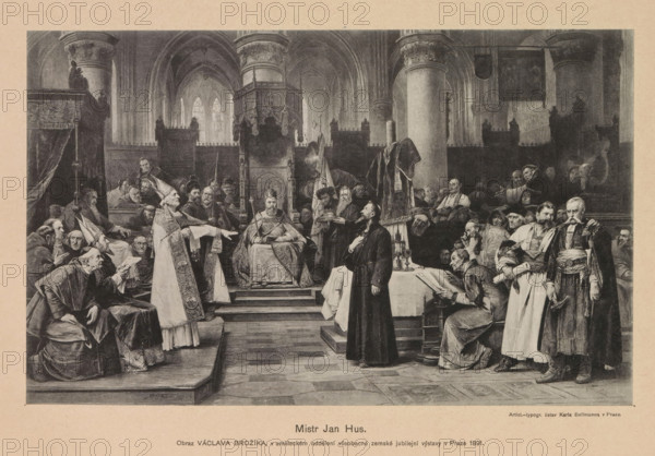 Mistr Jan Hus, Photoreproduction of a painting depicting Johannes Hus (presumably) during the Council of Constance, reproduction, page, photomechanical print, Prague, cliché maker: Carl Bellmann, after painting by Václav Brožík, c. 1891 - in or before 1895, photographer, paper, collotype, photogravure, height 163 mm x width 261 mm, Person, Johannes Hus, emperor, council, synod, Roman Catholic church, A detailed monochrome scene inside a grand vaulted interior with tall columns and pointed arched windows shows a central elevated throne where a robed seated figure wearing a crown sits beneath an ornate canopy; in front of the throne a standing cleric in richly decorated vestments gestures toward a kneeling man in dark simple robes who stands near a table draped with cloth and objects, while numerous onlookers in varied period clothing cluster to both sides, including other clerics in mitres and robes, bearded men in hats and tunics, and attentive figures seated or leaning, all framed by ...