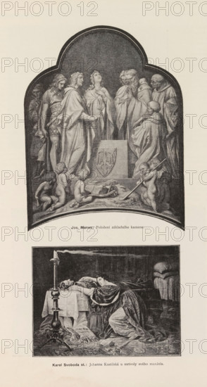 Karel Svoboda st, Two photoreproductions of paintings, depicting the laying of the foundation stone of a building and Joanna of Castile at the body of Philip I of Castile, Jos. Manes, reproduction, page, photomechanical print, Prague, cliché maker: Carl Bellmann, after painting by Josef Mánes, after painting by Karel Svoboda, c. 1891 - in or before 1895, photographer, paper, autotype, height 390 mm x width 290 mm, Prints on page 584., Person, Joanna of Castile, Philip the Handsome (Duke of Burgundy), king, queen, mourning customs, ceremonial laying of the foundations, laying the first stone, A tall arched monochrome illustration shows a group of robed and clothed figures gathered around a central raised stone with an ornate shield relief, with three standing figures in the center including a woman with hands near her chest and two men in flowing robes, flanked by older bearded men and a soldier in patterned armor, while cherubic nude children kneel and play at the stone's base holding ...