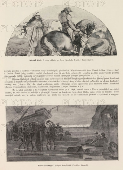 Mikulas Ales, Hanus Schwaiger, Two photoreproductions of paintings, depicting a woman showing a man on horseback the way and Willem seeing the ghostly apparitions of the crew of the Carmilhan in front of the Steenfoll cave, reproduction, page, photomechanical print, Prague, cliché maker: Carl Bellmann, after painting by Mikoláš Aleš, after painting by Hanuš Schwaiger, c. 1891 - in or before 1895, photographer, paper, autotypie, height 390 mm x width 290 mm, Prints on page 596., riding a horse, ass, or mule, rider, horseman, materialization, appearance of spirit or ghost, ghost-ship, spectral ship, A half-round illustration at the top shows a robed woman with long flowing hair and draped garments standing beside a mounted figure in armor on a horse, set against a landscape with rolling hills and a winding path; below this image is a block of printed text, and beneath that a large rectangular illustration depicts a crowd of robed and cloaked figures standing in shallow water near rocky s...