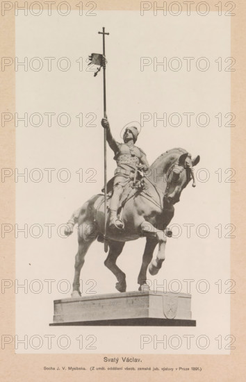 Svatý Václav, Equestrian statue of Saint Wenceslaus, page, photomechanical print, Prague, cliché maker: Carl Bellmann, c. 1891 - in or before 1895, photographer, paper, collotype, photoprint, height 241 mm x width 150 mm, equestrian statue, the martyr and duke of Bohemia, Wencesla(u)s, possible attributes: bunch of grapes, knight's armor, ducal hat, lance, shield, sword, wine press, A monochrome photograph of an equestrian statue on a rectangular pedestal showing a mounted figure in armor holding a tall staff upright with a small banner near its top; the horse is depicted with one front leg raised and the rider wears a helmet with a rounded brim and layered armor, with detailed straps and decorative elements visible on the saddle and harness, and the pedestal has a carved shield motif on one side.