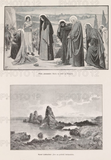 Two photo reproductions of paintings, depicting Mary on the road to Golgotha and a view of the coast in Istria, Felix Jenewein, Karel Liebscher, reproduction, page, photomechanical print, Prague, cliché maker: Carl Bellmann, c. 1891 - in or before 1895, photographer, paper, autotypie, height 390 mm x width 290 mm, Prints on page 598., bystanders at the foot of the cross, among whom Mary, Mary Magdalene and John the Evangelist, Mary may be shown swooning, rocky coast, A grayscale illustration showing a group of robed figures standing and kneeling within a framed rectangular scene at the top of the page; most figures wear long flowing garments and cloaks and several have circular halos around their heads, with some figures bowing or covering their faces and others standing with hands clasped or at their sides, while a distant landscape with buildings and tall slender trees stretches across the background and a crowd of smaller figures and a mounted rider appears behind the central group.