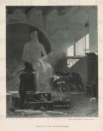 Photo reproduction of a painting depicting Michelangelo in his studio, Emanuel Kr. Liska: Sen Michela-Angela, reproduction, page, photomechanical print, Prague, cliché maker: Carl Bellmann, after painting by Emanuel Krescenc Liška, c. 1891 - in or before 1895, photographer, paper, collotype, light print, height 243 mm x width 203 mm, workshop interior, artist (in general), A dimly lit interior shows a seated man slumped back in a chair near a table cluttered with papers and a small box, with a shaft of light coming through a partially open window that illuminates part of a wall and a small potted plant on the windowsill; in the foreground there are rolled parchments, a low bench draped with fabric, and a brazier with smoke rising from it, while a translucent large statue-like figure of a bearded man appears behind a covered pedestal topped with a sculpted object, set beneath an arched ceiling with visible beams.
