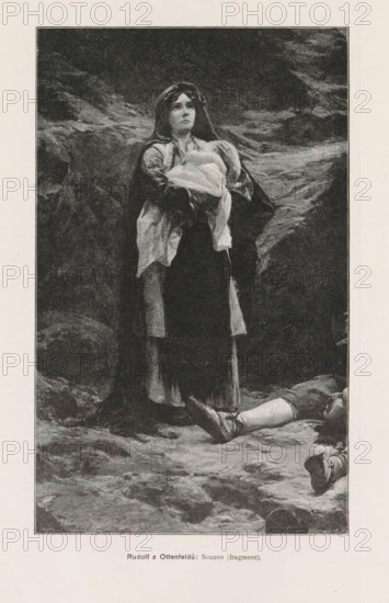 Rudolf z Ottenfeldu, Photographic reproduction of a painting depicting a mother with child, reproduction, page, photomechanical print, Prague, cliché maker: Carl Bellmann, after painting by Rudolf Otto von Ottenfeld, c. 1891 - in or before 1895, photographer, paper, collotype, photogravure, height 213 mm x width 133 mm, mother and baby or young child, A monochrome image of a woman standing on rocky ground, wearing a long dark skirt and layered garments with a shawl or cloak over her head and shoulders, holding a bundled cloth close to her chest with both hands, her face turned slightly upward with a neutral expression, rocks and uneven terrain forming the background, and parts of a pair of legs and boots visible lying on the ground near the lower edge of the scene.