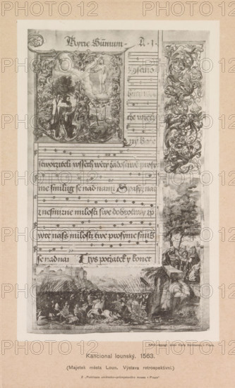 Kancional lounge. 1563, Photo reproduction of a page of a hymnal from Louný, reproduction, page, photomechanical print, Prague, cliché maker: Carl Bellmann, after drawing by anonymous, c. 1891 - in or before 1895, photographer, paper, collotype, photoprint, height 240 mm x width 150 mm, singing of psalms, hymns, decoration of printed matter, A tall vertical page with ornate black-and-white illustrations and decorative borders showing a framed scene at the top left with a standing robed figure beside a tree and a floating figure amid clouds, a central area of lined staves and ornate calligraphic lines across the page, a narrow vertical panel on the right filled with swirling foliate ornamentation and a small landscape scene with trees and seated figures near the middle right, and a wide battle scene across the lower portion depicting many mounted and foot soldiers amid rough terrain with cliffs and distant buildings, all set against a pale background with a narrow outer margin.