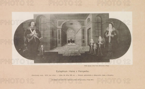 Epitaphium Haina z Hainperku, Photo reproduction of a painting depicting the epitaph of Haina from Hainburg an der Donau, reproduction, page, photomechanical print, Prague, cliché maker: Carl Bellmann, after painting by anonymous, c. 1891 - in or before 1895, photographer, paper, collotype, photoprint, height 104 mm x width 236 mm, epitaph, A wide, faded monochrome image shows an interior architectural space with a central arched corridor leading to an ornate altar or decorative panel; tall arched windows with patterned panes flank the corridor, and a patterned floor extends toward the altar. At the near left foreground stands a figure in dark clothing with a ruffled collar and hands held together, accompanied by a small child in similar dress at their feet. At the near right foreground stands another figure in dark clothing with a ruffled collar and hands held together, accompanied by three small children in similar attire standing close together. The overall image is set within an ov...