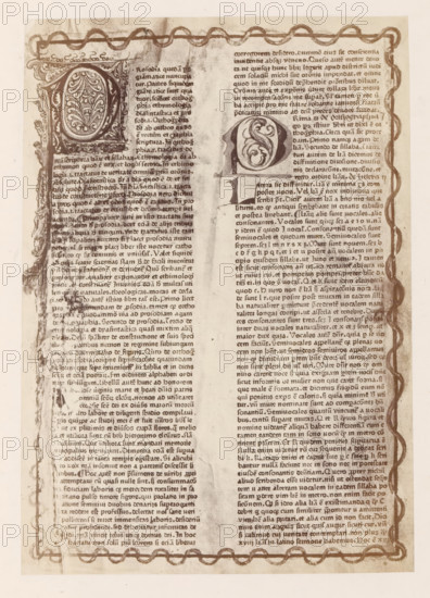 Photo reproduction of the first page of the Catholicon, photograph, reproduction, page, number: '10', photographer: B. Erdmann, Mainz, printer (person): Johannes Gutenberg, c. 1867 - in or before 1872, printer (person), Rhineland-Palatinate, paper, albumen print, albumendruk, height 193 mm x width 138 mm, book, A vertically oriented aged page with two narrow columns of densely printed dark text separated by a blank vertical gutter, featuring decorative large ornate initials at the top of each column with intricate floral and scrollwork designs, a hand-drawn wavy border tracing the page edge, visible uneven inking and faded areas, smudges and stains along the margins and within the left column, and a light beige background showing the texture of old paper.