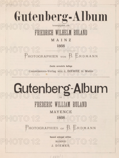 Gutenberg-Album, book, photographer: B. Erdmann, publisher: Jakob Diemer, Mainz, compiler (person in literature): Friedrich Wilhelm Ruland, 1872, compiler (person in literature), Rhineland-Palatinate, textile materials, pasteboard, paper, linen (material), printing, albumen print, color on cut, height 341 mm x width 281 mm x thickness 24 mm, A vertically oriented aged paper page with printed decorative header elements and centered typographic lines, showing large bold display words near the top and again farther down, framed by a faint rectangular border and thin horizontal rules separating sections; the page background is an off-white or beige with small brown spots and subtle foxing, and various serif and stylized typefaces are used throughout the composition.