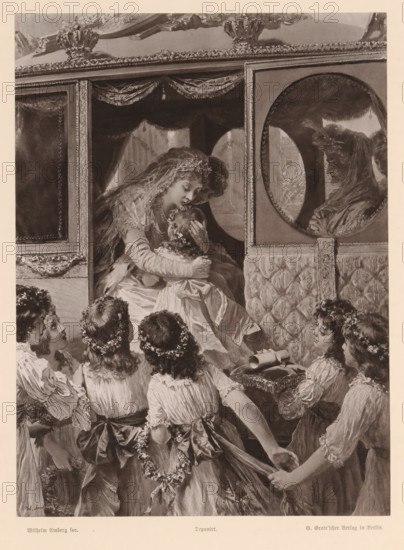 The Wedding Procession in Berlin, Photographic reproduction of a painting depicting Louise of Mecklenburg-Strelitz in a carriage during her wedding procession in Berlin with girls in front, reproduction, page, photomechanical print, after painting by Wilhelm Amberg, publisher: G.-Grote'sche Verlagsbuchhandlung, Berlin, c. 1873 - in or before 1883, Wilhelm Amberg, G.-Grote'sche Verlagsbuchhandlung, paper, collotype, photogravure, height 219 mm x width 163 mm, Person, Louise of Mecklenburg-Strelitz (Queen of Prussia), bus, coach, bride (in wedding-dress), A group of girls in dresses with ribbons and floral garlands stand and sit around an ornate carriage interior where a veiled woman in a gown holds and kisses a child, her arms wrapped around the child; the carriage features patterned upholstery, a circular window showing a reflective image of a veiled figure, decorative drapery and carved trim, and the girls display varied hairstyles and attentive expressions while one girl presents a r...