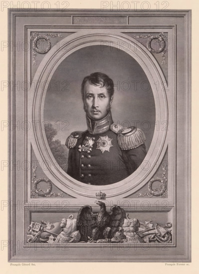 Photo reproduction of a portrait of Frederick William III of Prussia, King Friedrich Wilhelm III, reproduction, page, photomechanical print, inscription: '...leinertes facsimile des ... von 1817.', after print by François Forster, after painting by François Gérard, publisher: G.-Grote'sche Verlagsbuchhandlung, Berlin, c. 1873 - in or before 1883, François Forster, François Gérard, G.-Grote'sche Verlagsbuchhandlung, after print by, paper, collotype, light print, height 219 mm x width 159 mm, Person, Frederick William III King of Prussia, king, A monochrome engraved portrait shows a man in a military uniform framed within an ornate oval. The man faces forward with a composed expression, short wavy hair, sideburns, and a high collar decorated with braiding. His uniform features epaulettes with tassels, rows of buttons, and several medal-like ornaments on the chest including a radiating star and a cross-shaped badge. The oval portrait is set within a decorative rectangular panel with layer...