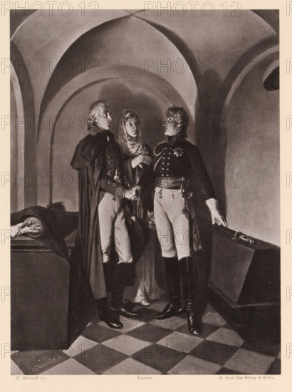 At the grave of Frederick the Great, Photoreproduction of a painting of Napoleon Bonaparte at the grave of Frederick II of Prussia, reproduction, page, photomechanical print, after painting by Oskar Wisnieski, publisher: G.-Grote'sche Verlagsbuchhandlung, Berlin, c. 1873 - in or before 1883, Oskar Wisnieski, G.-Grote'sche Verlagsbuchhandlung, paper, collotype, photogravure, height 220 mm x width 163 mm, Person, Napoleon I (Emperor of the French), Frederick II (King of Prussia), grave, tomb, A monochrome scene showing three standing figures in period clothing beneath a vaulted ceiling with rounded arches; two men wearing military-style coats, high boots, and sashes face each other while a woman between them wears a headscarf and long dress and looks toward one man, with one man holding the woman's hand and the other resting a hand on the edge of a large coffin-like box nearby, and a masked face partially visible on a reclining figure at the left, all set on a checkerboard floor and surr...