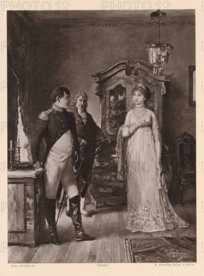 Encounter with Napoleon, Photoreproduction of a painting of a meeting between Louise of Prussia and Napoleon Bonaparte, reproduction, page, photomechanical print, after painting by Franz Skarbina, publisher: G.-Grote'sche Verlagsbuchhandlung, Berlin, c. 1873 - in or before 1883, Franz Skarbina, G.-Grote'sche Verlagsbuchhandlung, paper, collotype, photogravure, height 215 mm x width 160 mm, Person, Napoleon I (Emperor of the French), Louise of Mecklenburg-Strelitz (Queen of Prussia), interior of the house, meeting, A monochrome scene shows three people in period clothing inside a furnished room. A woman in a long gown stands to the right with one hand across her chest and a shawl draped over one arm, wearing a necklace and a headpiece. Two men stand to the left; one in a military uniform with epaulettes leans with a hand resting on a table and one leg bent, the other man behind him wears a coat and cravat and looks toward the woman. Behind them is an ornate wooden cabinet with glass pan...