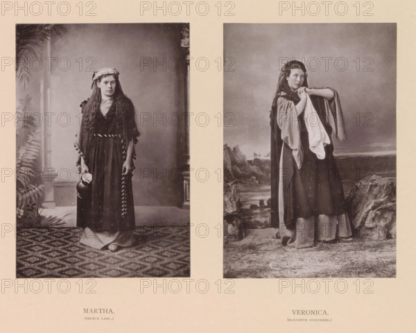 Martha, Veronica, page, photomechanical print, inscription: 'Gemeinde Oberammergau Passionsspiel 1890', photographer: Carl Stockmann, Oberammergau, cliché maker: anonymous, c. 1885 - in or before 1890, Bavaria, paper, collotype, photoprint, height 252 mm x width 335 mm, Prints opposite page 84., Person, Helene Lang, Elisabeth Zundterer, portrait of actor, actress, possible attributes: 'Sudarium' (veil with the image of Christ), the patroness of housewives, Martha of Bethany, possible attributes: aspergillum, broom, bunch of keys, dragon, ladle, Two vertical sepia photographs are mounted side by side on a pale background. The left photograph shows a woman standing indoors on a patterned rug with a leafy plant and column visible behind her; she wears a long dark dress with a textured shawl draped over her shoulders, a head covering, flat shoes, and holds a rounded jug near her side. The right photograph shows a woman standing outdoors on rocky ground with a painted coastal backdrop; she ...