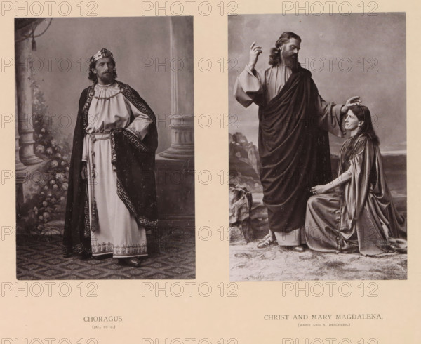 Choragus, Christ and Mary Magdalena, page, photomechanical print, inscription: 'Gemeinde Oberammergau Passionsspiel 1890', photographer: Carl Stockmann, Oberammergau, cliché maker: anonymous, c. 1885 - in or before 1890, Bavaria, paper, collotype, photoprint, height 255 mm x width 333 mm, choir, group of actors, troupe, actors on the stage, the penitent harlot Mary Magdalene, possible attributes: book (or scroll), crown, crown of thorns, crucifix, jar of ointment, mirror, musical instrument, palm branch, rosary, scourge, Christ, A sepia-toned image divided into two vertical panels shows on the left a standing man in ornate robes and a decorated cloak, wearing a crown and looking slightly to his side, with a column and floral arrangement behind him and a patterned floor beneath his feet; on the right a bearded man in draped garments stands with one hand raised and the other touching the head of a kneeling young woman who looks upward, the ground beneath them appearing rocky and a cloudy...
