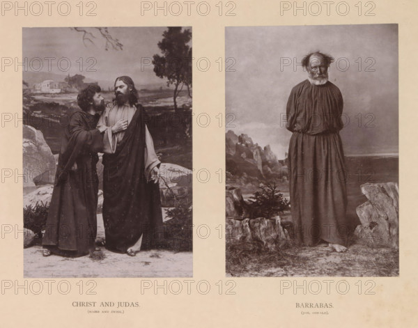 Barrabas (Joh. Oswald), Christ and Judas (Maier and Zwink), page, photomechanical print, inscription: 'Gemeinde Oberammergau Passionsspiel 1890', photographer: Carl Stockmann, Oberammergau, cliché maker: anonymous, c. 1885 - in or before 1890, Bavaria, paper, collotype, photoprint, height 252 mm x width 335 mm, Prints opposite page 68., Person, Jos Maier, portrait of actor, actress, the kiss of Judas: accompanied by soldiers with torches and lanterns, he kisses Christ, Barabbas (not in biblical context), A sepia-toned image divided into two vertical panels showing two different scenes. The left panel depicts two robed men standing on rocky ground with a distant landscape of trees and buildings behind them; one man with long hair and a beard faces slightly away while the other, with curly hair and a beard, leans toward him with a hand on his shoulder and an earnest expression on his face. The right panel shows a solitary older man with a beard and thinning hair standing barefoot on rock...