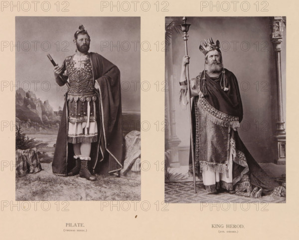 King Herod (Joh. Diemer), Pilate (Thomas Rendl.), page, photomechanical print, inscription: 'Gemeinde Oberammergau Passionsspiel 1890', photographer: Carl Stockmann, Oberammergau, cliché maker: anonymous, c. 1885 - in or before 1890, Bavaria, paper, collotype, photoprint, height 252 mm x width 335 mm, Prints opposite page 76., Christ before Pontius Pilate (Matthew 27:11-26, Mark 15:2-15, Luke 23:2-7, 23:13-25, John 18:28 - 19:16), Herod (not in biblical context), Two black and white portrait photographs placed side by side on a pale background depict two men in elaborate historical costumes. On the left a bearded man stands in front of a painted landscape, wearing ornate armor with decorative patterns, a short decorated skirt over tunic, a long cloak draped over one shoulder, and boots with fur trim; he holds a cylindrical object in one hand and has a small decorative headpiece. On the right a bearded man stands indoors beside a decorative column, wearing a richly patterned robe with f...