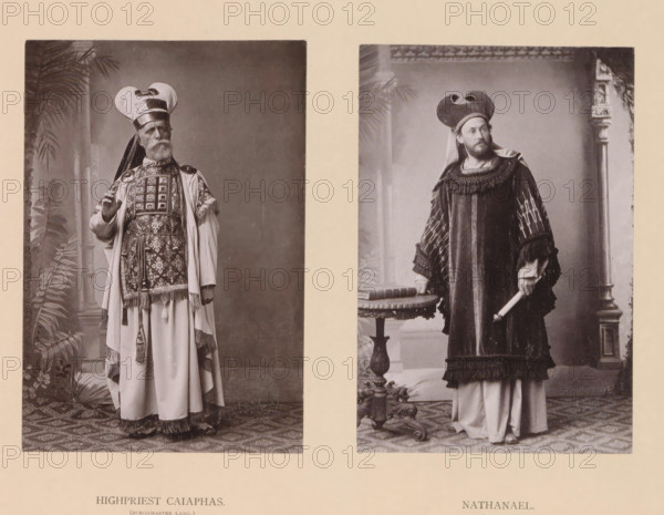 Nathanael, Highpriest Caiaphas, page, photomechanical print, inscription: 'Gemeinde Oberammergau Passionsspiel 1890', photographer: Carl Stockmann, Oberammergau, cliché maker: anonymous, c. 1885 - in or before 1890, Bavaria, paper, collotype, photoprint, height 252 mm x width 335 mm, Prints opposite page 76., Person, Johann Lang, Sebastian Lang, portrait of actor, actress, Caiaphas and the priests conspiring against Christ (Matthew 26:3-5, Mark 14:1-2, Luke 22:2, John 11:47-53), acts of Bartholomew, Two sepia-toned portrait photographs positioned side by side show men in elaborate period costumes standing against studio backdrops. The left portrait features an older man with a full beard wearing a tall, rounded headdress with layered bands and a long robe adorned with patterned panels, tassels, and fringed edges; he holds one hand raised and stands near painted foliage. The right portrait shows a younger bearded man wearing a distinctive curved headdress and a heavy robe with textured ...