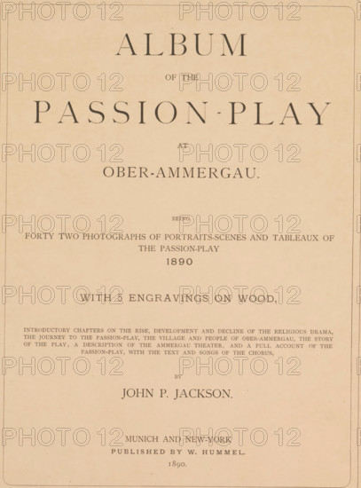 Album of the passion-play at Ober-Ammergau, book, bookplate: 'ex libris SFJ', writer (clerical worker): John P. Jackson, publisher: William Hummel, Munich, 1890, writer (clerical worker), Bavaria, pasteboard, biological material, paper, leather, printing, albumen print, collotype, woodcut, color on cut, height 345 mm x width 270 mm x thickness 60 mm, A faded beige page with a thin darker border around the edge, centered large decorative headings in dark gray ink, several lines of smaller printed lines below, a wide blank margin toward the bottom, and an overall aged, slightly speckled paper texture.