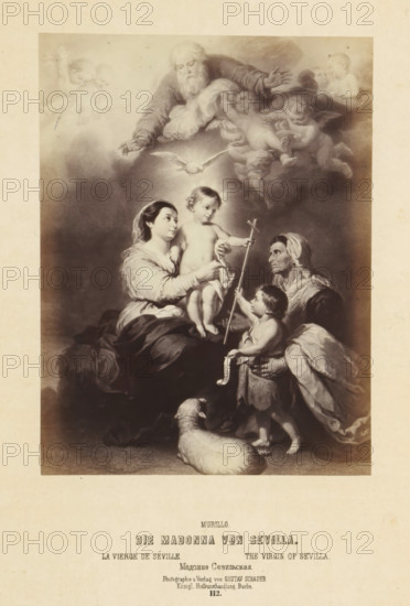 Photographic reproduction of a print after a painting of the Holy Family by Bartolomé Esteban Murillo, Die Madonna von Sevilla, photograph, reproduction, page, number: '112.', photographer: Gustav Schauer, Berlin, after print by anonymous, after painting by Bartolomé Esteban Murillo, c. 1850 - in or before 1860, after print by, paper, albumen print, height 165 mm x width 124 mm, Holy Family, and derived representations, A sepia-toned painting reproduction showing a seated woman holding a naked child who is standing on her lap, a halo-like light around the child's head, a second small child standing nearby reaching toward a long staff held by the child on the woman's lap, an older veiled woman beside them looking at the children, a reclining elderly bearded man and several cherubic figures in clouds above reaching down toward a descending dove, a lamb lying on the floor in the foreground, draped cloth and soft shadows throughout the composition, and a wide blank margin around the image.