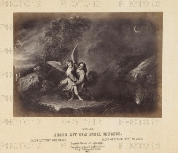 Photographic reproduction of a print after a painting of Jacob wrestling with an angel by Bartolomé Esteban Murillo, Jacob mit dem Engel ringend, photograph, reproduction, page, number: '633.', photographer: Gustav Schauer, Berlin, after print by anonymous, after painting by Bartolomé Esteban Murillo, c. 1850 - in or before 1860, after print by, paper, albumen print, albumendruk, height 119 mm x width 168 mm, Jacob wrestles with the angel (or man) till daybreak, Jacob's thigh is put out of joint, A monochrome engraving shows a nighttime rocky landscape with trees and a crescent moon in the sky, and two figures in the foreground engaged in a close physical struggle; one figure has wings and flowing hair and wears draped clothing, while the other wears a cloak and tunic and grasps the winged figure around the torso as they both brace on uneven ground near rocks and vegetation.