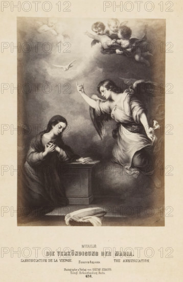 Photo reproduction of a print after a painting of the Annunciation by Bartolomé Esteban Murillo, Die verkündigung der Maria, photograph, reproduction, page, number: '634.', photographer: Gustav Schauer, Berlin, after print by anonymous, after painting by Bartolomé Esteban Murillo, c. 1850 - in or before 1860, after print by, paper, albumen print, albumendruk, height 169 mm x width 120 mm, the Annunciation: Mary sitting, A grayscale classical-style illustration showing a seated young woman with downcast eyes and folded hands beside a small rectangular lectern with an open book, facing a hovering winged figure with flowing garments who raises one hand and holds a cluster of long-stemmed flowers in the other, above them a group of three cherubic children float among clouds while another small cherub looks down, a single bird is visible in the sky area, and a folded cloth rests on the ground in front of the scene.