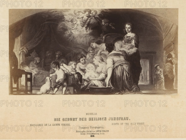 Photographic reproduction of a print after a painting of the birth of Mary by Bartolomé Esteban Murillo, Die geburt der heiligen Jungfrau, photograph, reproduction, page, number: '636.', photographer: Gustav Schauer, Berlin, after print by anonymous, after painting by Bartolomé Esteban Murillo, c. 1850 - in or before 1860, after print by, paper, albumen print, albumendruk, height 100 mm x width 198 mm, birth of Mary, A sepia-toned print shows a crowded interior scene with a group of women and children gathered around a central infant held by a seated woman, their faces turned toward the baby and expressions gentle; a kneeling woman in the foreground leans toward the infant while another woman stands with her back partly to the viewer, draped garments and flowing fabrics forming soft folds; cherubic figures hover above in a clouded area, reaching downward; to the left a child stands near a small table and a dog looks up, while a seated older woman rests beside draped curtains and a high...