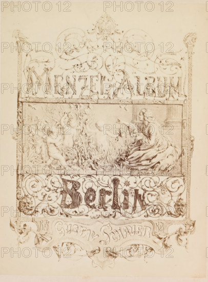 Photographic reproduction of a drawing for a book with photographic reproductions of paintings by Adolf Menzel, Menzel Album Berlin, photograph, reproduction, page, photographer: Gustav Schauer, Berlin, after drawing by anonymous, c. 1858 - in or before 1868, paper, albumen print, height 266 mm x width 202 mm, book in which illustrations are essential, A vertical sepia-toned illustration with ornate decorative borders and scrolling motifs framing a central rectangular scene that shows a seated woman in a flowing gown on the right reaching toward a group of naked children playing among tall grasses and flowers on the left; above the central scene there is an elaborate header of swirling ornamental flourishes and stylized foliage, and below it a band of dense scrollwork populated with small carved faces and whimsical figures integrated into the curving patterns; the edges of the page show carved column-like vertical borders and corner details, and the lower portion contains a ribbon-like...