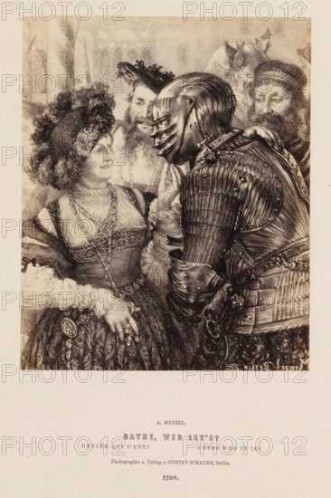 Photo reproduction of a drawing of a woman who has to guess who is in armor by Adolf Menzel, Rathe, Who is it?, photograph, reproduction, page, number: '1208.', photographer: Gustav Schauer, Berlin, after drawing by Adolph Menzel, c. 1858 - in or before 1868, paper, albumen print, height 161 mm x width 132 mm, adult woman, armor, A detailed monochrome illustration shows a woman in ornate period dress with a voluminous curly hairstyle smiling as she looks at a figure in full plate armor who leans toward her with a helmeted head tilted slightly; the woman wears layered necklaces, a fitted bodice with decorative trim, and a full skirt with patterned fabric and ornamental medallions, and one hand rests near her waist while the other gently touches the armored figure’s face; behind them are three bearded men, two with hats and one with a wreath-like headpiece, all observing the interaction, and a horse’s head is partially visible near the top right; the scene is framed by a light border and...