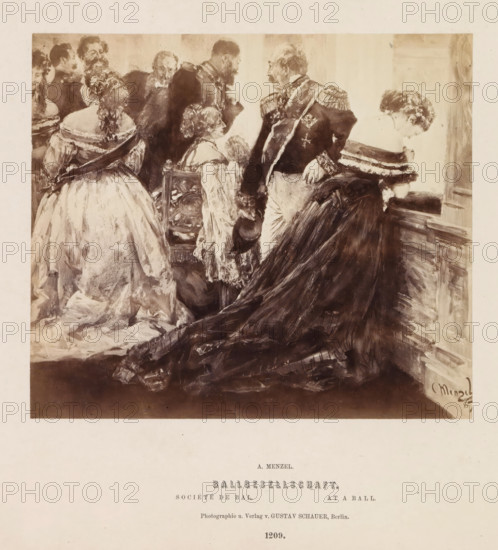 Ballgesellschaft, Photographic reproduction of a painting of people at a ball by Adolf Menzel, photograph, reproduction, page, number: '1209.', photographer: Gustav Schauer, Berlin, after painting by Adolph Menzel, c. 1858 - in or before 1868, paper, albumen print, height 140 mm x width 160 mm, ball, formal dance, dress, gown: ball gown, A sepia-toned illustration shows a crowded interior scene with several people dressed in formal attire; women wear full dresses with wide skirts and ruffled collars while men wear dark coats with decorative epaulettes and sashes. A central seated woman faces slightly left and holds a fan, a standing man beside her leans forward holding a hat, and another woman on the right bends over near a railing. In the background a few figures stand grouped together, and the foreground displays heavy dark fabric trailing across the floor. The overall image has a painterly, sketch-like quality with visible brushstrokes and varied shading.