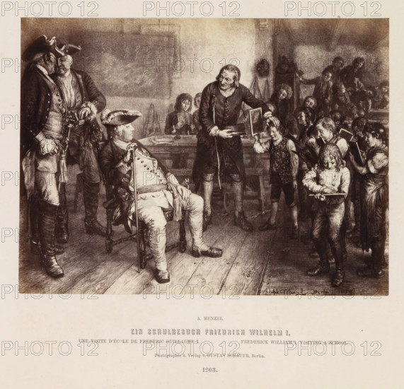 Photographic reproduction of a painting of a school visit by Frederick William I of Prussia by Adolf Menzel, Ein schulbesuch Friedrich Wilhelm I, photograph, reproduction, page, number: '1203.', photographer: Gustav Schauer, Berlin, after painting by Adolph Menzel, c. 1858 - in or before 1868, paper, albumen print, albumendruk, height 135 mm x width 180 mm, Person, Frederick William (Heir apparent of Prussia), elementary school, class, form, A monochrome scene shows a room with wooden floorboards and a group of children and adults grouped around a seated dignified man in ornate clothing and a tricorne hat, who holds a cane and reclines in a carved chair; an older man standing nearby places a hand on a boy's head while holding a book, and the boy stands with a small book in hand; other children stand nearby holding slates and writing implements, some looking down at their tablets and others looking toward the seated man, while two uniformed men in elaborate coats and hats converse to th...