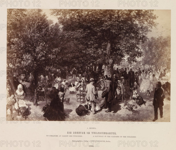 A Sunday in the Tuileries Garden, Photographic reproduction of a painting of the Jardin des Tuileries with people by Adolf Menzel, photograph, reproduction, page, number: '1204.', photographer: Gustav Schauer, Berlin, after painting by Adolph Menzel, c. 1858 - in or before 1868, paper, albumen print, height 158 mm x width 229 mm, public gardens, park, Paris, Jardin des Tuileries, A sepia-toned scene shows a crowded outdoor gathering beneath large leafy trees, with groups of people sitting on chairs and standing along a shaded pathway; women in long dresses and men in coats and hats mingle, some seated at tables, others pushing prams or holding children, while small dogs wander among them; dappled light filters through the dense foliage overhead, and the composition extends from a shaded foreground toward a lighter, more open background where more figures are visible.