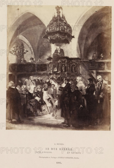 Photographic reproduction of a painting of a church interior during a service by Adolf Menzel, In der Kirche, photograph, reproduction, page, number: '1205.', photographer: Gustav Schauer, Berlin, after painting by Adolph Menzel, c. 1858 - in or before 1868, paper, albumen print, albumendruk, height 168 mm x width 141 mm, interior of church, divine service, Christian churches, A monochrome illustration of an interior scene showing a large vaulted space with arches and a high ornate canopy suspended above a raised pulpit where a robed figure stands, surrounded below by a densely gathered group of seated and standing people in period clothing; decorative chandeliers hang from the ceiling, carved balustrades and architectural details frame the upper gallery where additional figures look on, and the foreground is filled with men and women in dark coats and dresses engaged in various postures and interactions, rendered with painterly brushwork and soft contrasts.