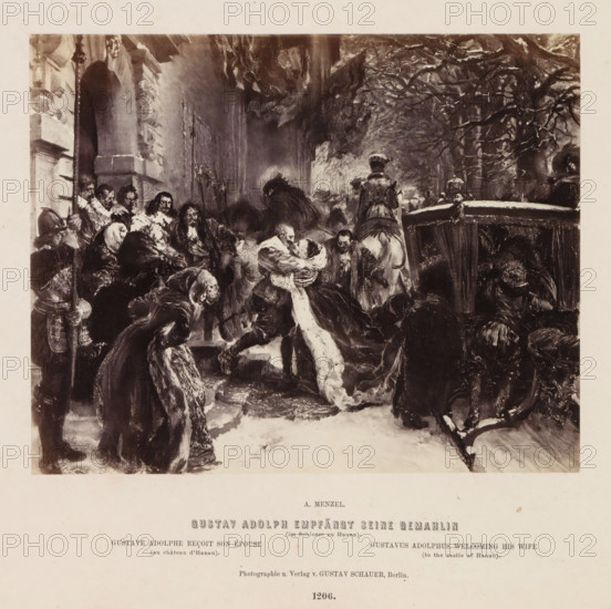 Gustav Adolph receives his wife, Photographic reproduction of a painting of Gustav II Adolf receiving his wife by Adolf Menzel, photograph, reproduction, page, number: '1206.', photographer: Gustav Schauer, Berlin, after painting by Adolph Menzel, c. 1858 - in or before 1868, paper, albumen print, height 140 mm x width 174 mm, Person, Gustav II Adolf (King of Sweden), ruler, sovereign, lovers' meeting, A sepia-toned print depicting a crowded scene with many figures gathered around a central couple, several individuals wearing cloaks and fur-trimmed garments, a person on horseback seen from behind, ornate architectural columns and archways to the left, leafless tree branches extending across the upper right, a raised platform or carriage edged with decorative railings on the right, clustered groups of men with beards and varied headwear, a figure in the foreground wearing a long fur-trimmed robe with a trailing border, heavy shadowing and painterly brushwork throughout, and a plain bord...